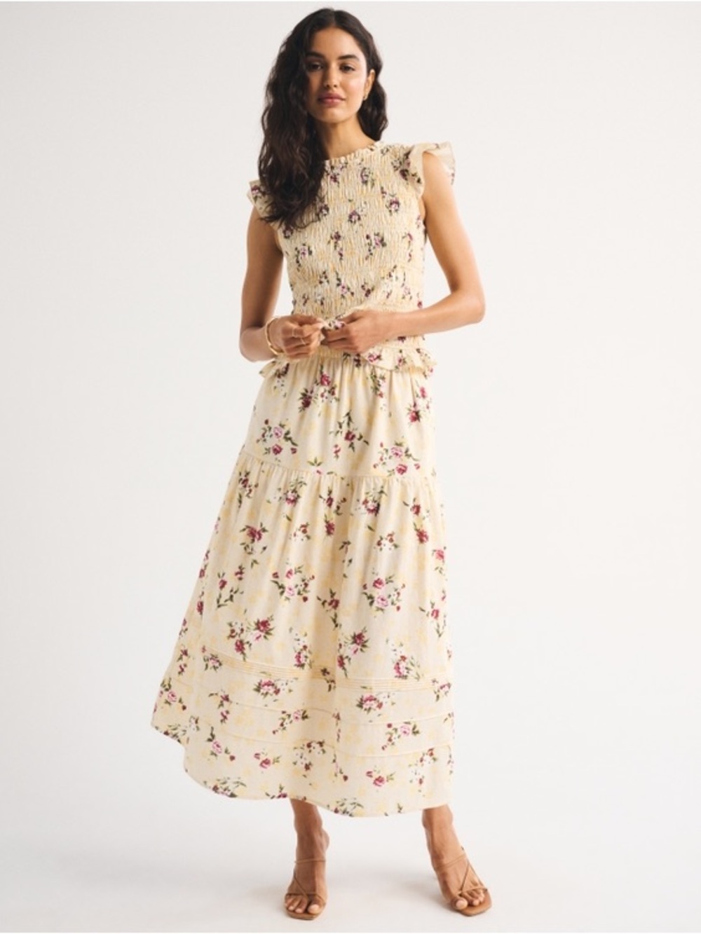 Abercrombie & Fitch Cream Midi Skirt with Rose Print